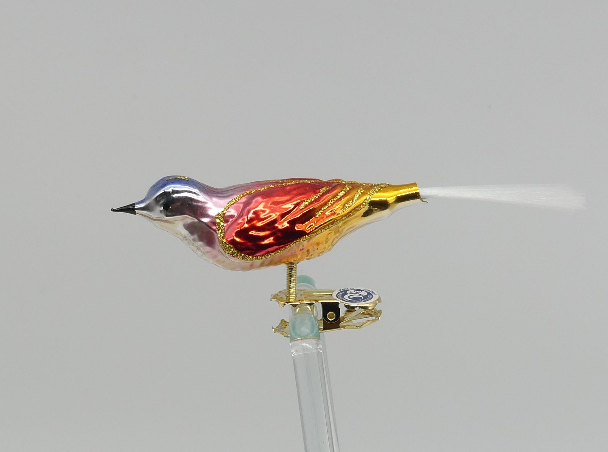 Vogel blau rot gold Glasfaser Vogel blau rot gold Lauschaer Glashandwerk Vogelfigur Antik & Modern