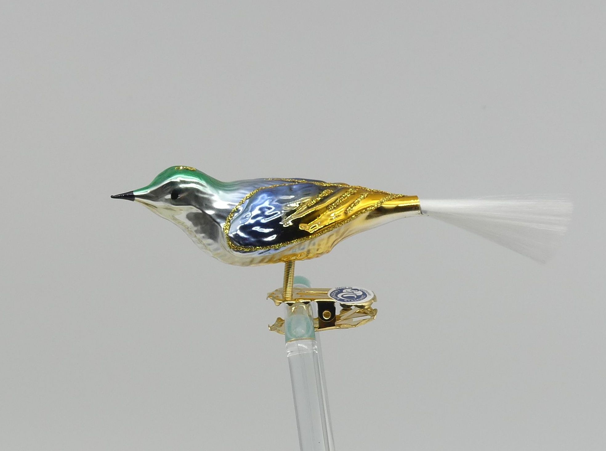 Vogel grün blau gold Glasseide Vogel grün blau gold Lauschaer Glashandwerk Vogelfigur Antik & Modern