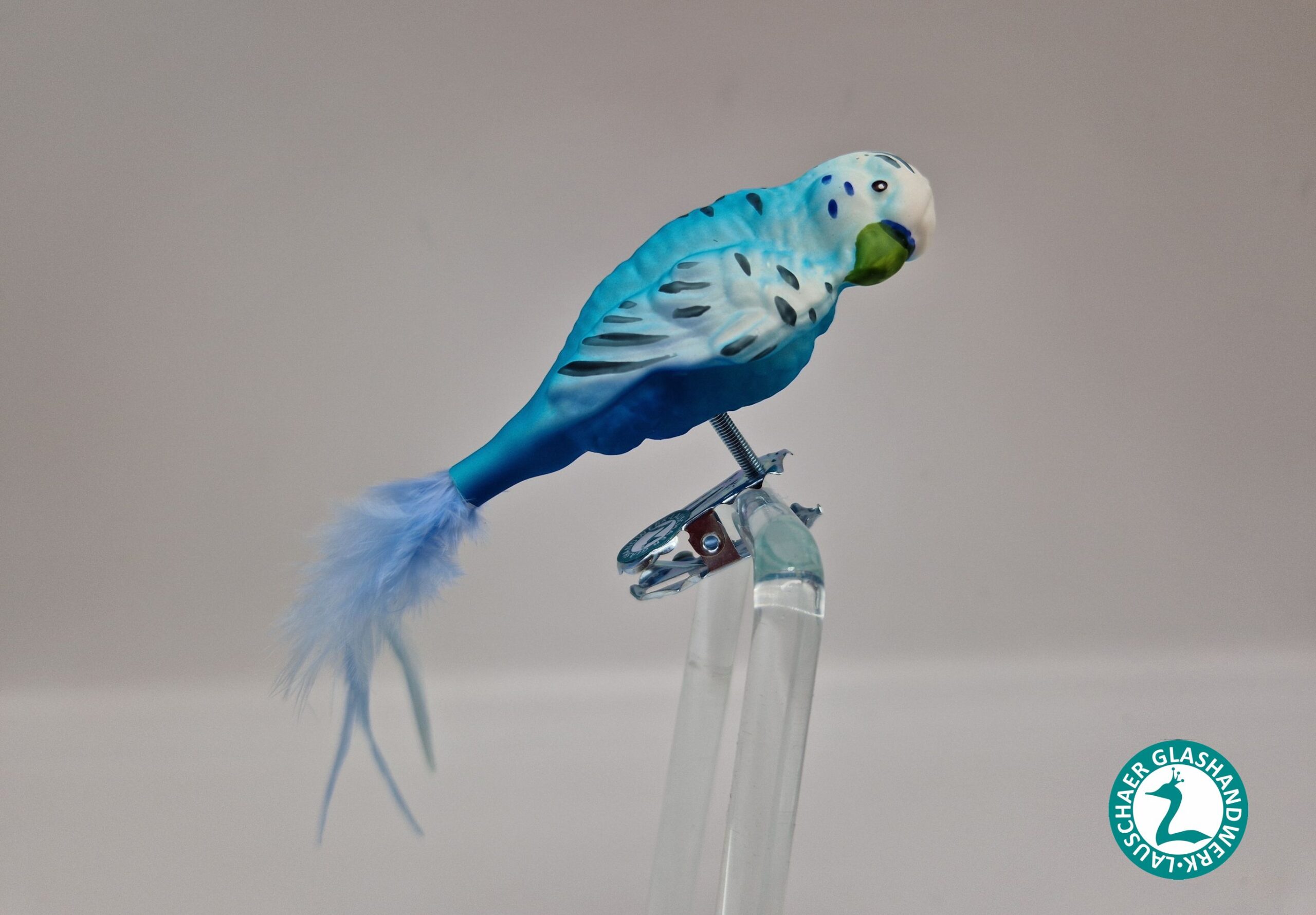Wellensittich hellblau-türkis Vogelfigur Lauschauer Glashandwerk Antik & Modern