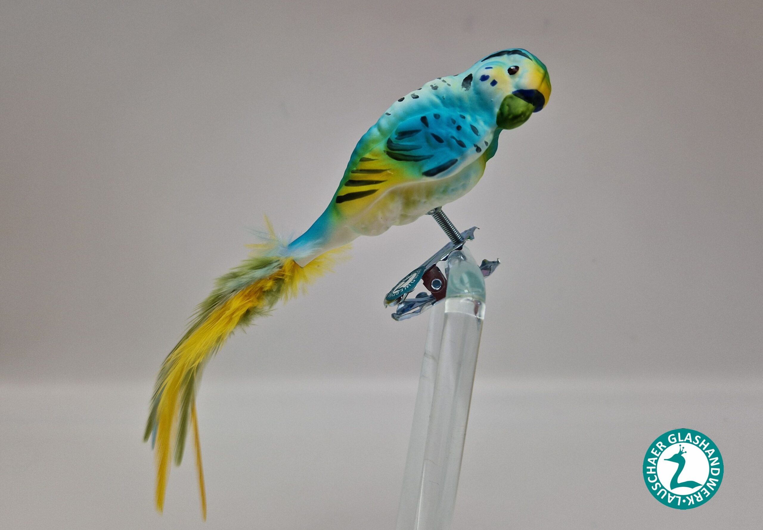 Wellensittich türkis-gelb Vogelfigur Lauschauer Glashandwerk Antik & Modern